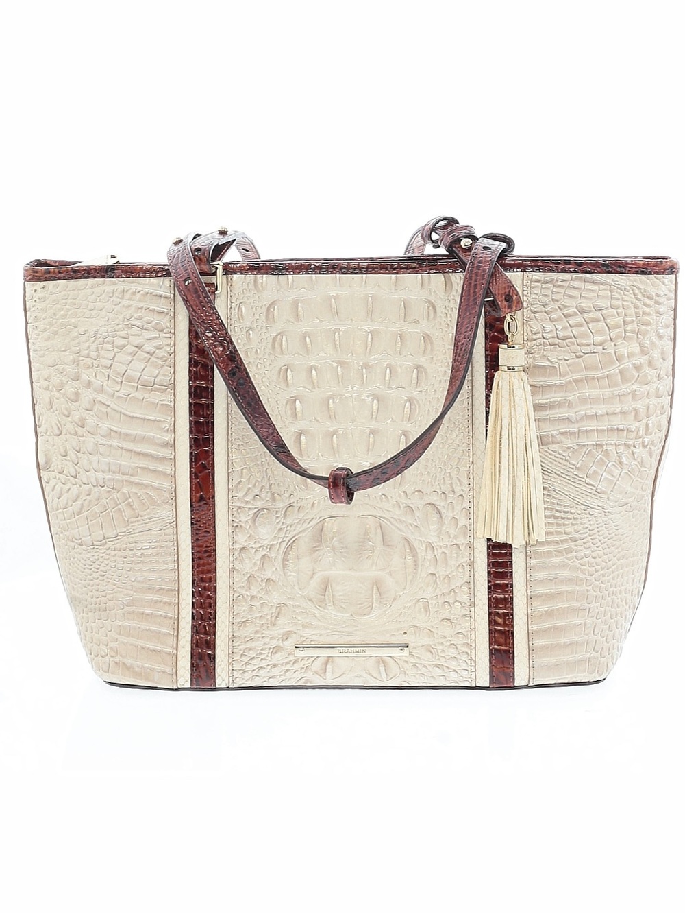 Brahmin Cream and Brown Croc-Embossed Tote with Tassel